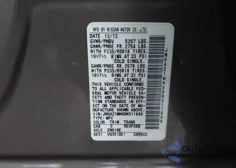 2013 Nissan Murano Sl from USA, damaged, VIN JN8AZ1MW9DW311948